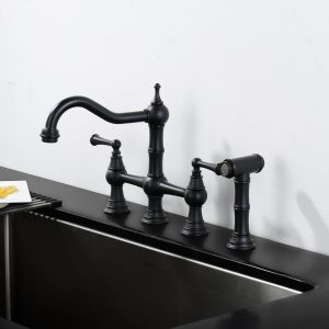 Vintage Matte Black 4-Hole Bridge Kitchen Faucet with Side Sprayer
