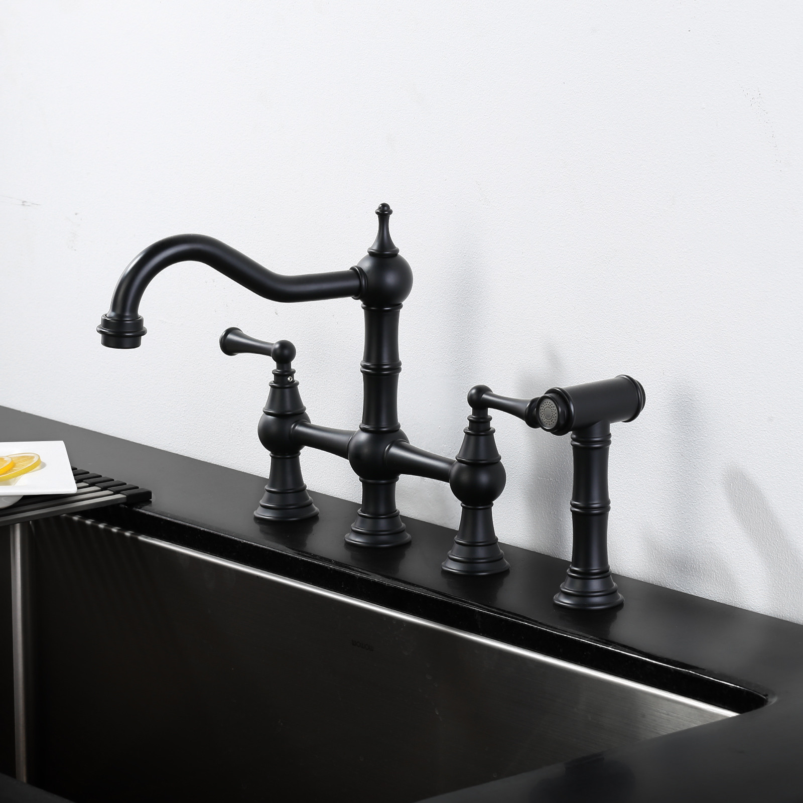 Vintage Matte Black 4-Hole Bridge Kitchen Faucet with Side Sprayer